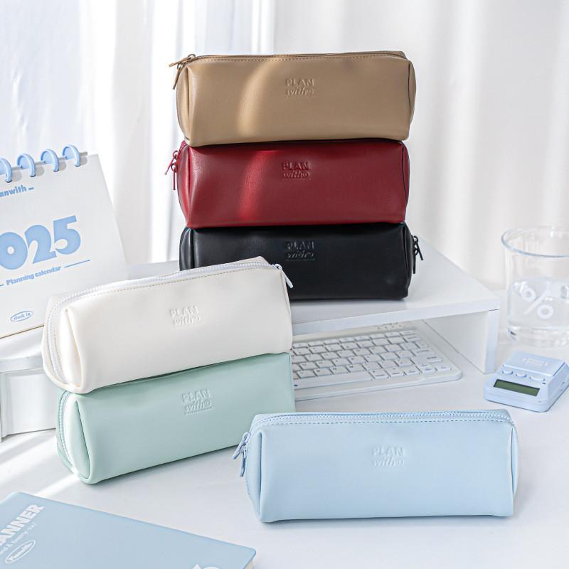 Simple Leather Pencil Case Large Capacity Student Waterproof Pencil Case Stationery Storage Bag